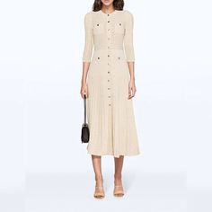 Office Midi Dress With Buttons, Office Midi Dress With Button Closure, Elegant 3/4 Sleeve Dress With Pockets, Elegant Dress With Pockets And 3/4 Sleeves, Elegant Dress With 3/4 Sleeves And Pockets, Elegant Dresses With Pockets And 3/4 Sleeves, Workwear Midi Dress With Buttons, Beige Button-up Midi Dress, Chic Midi Dress With 3/4 Sleeve For Day Out