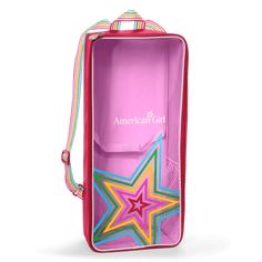 an american girl pink and multicolored suitcase with stars on the front, side view