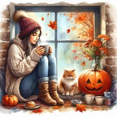 a painting of a woman sitting on a window sill with her cat and pumpkins