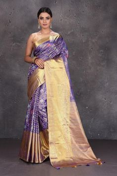 Buy stunning lavender minakari Kanjivaram saree online in USA with golden zari border. Keep your ethnic wardrobe up to date with latest designer sarees, pure silk sarees, handwoven sarees, Kanchipuram silk sarees, embroidered sarees, georgette sarees from Pure Elegance Indian saree store in USA.-full view Kanjivaram Saree, Latest Designer Sarees, Pure Elegance, Fashion Journals, Ethnic Looks, Kanjivaram Sarees, Indian Saree, Traditional Fabric, Georgette Sarees