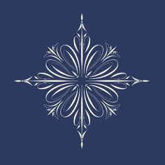 a blue and white snowflake with an intricate design in the middle on a dark blue background