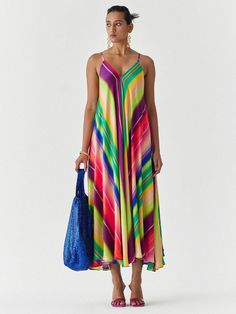 Rainbow Strappy Dress Multicolor Silk Dress With Spaghetti Straps, Sleeveless Multicolor Silk Maxi Dress, Chic Multicolor Summer Slip Dress, Multicolor Summer Slip Dress With Spaghetti Straps, Multicolor Spaghetti Strap Slip Dress For Summer, Multicolor Summer Slip Dress, Spring Multicolor Maxi Dress With Adjustable Straps, Multicolor Spaghetti Strap Slip Dress For Spring, Vibrant Silk Summer Dress