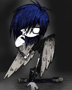 a drawing of a person with blue hair and glasses holding a knife in his hand