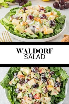 Two image collage of Waldorf Salad. The first image shows the salad in a white shallow bowl and the second image shows the salad from a high angle shot. Picnic Salad, Classic Salad, Dessert Aux Fruits, Healthy Salad Recipes