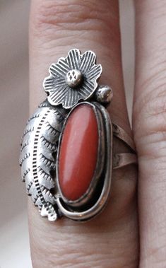 Handmade Native American Sterling Silver and Coral Ring Size 6 1/2 #BlackHills #StatementEarrings #HoopEarrings #NativeAmerican #CuffBracelet #TurquoiseRing #ChristmasGift #BagueTurquoise #BestFriendGift #BohemianJewelry Vintage Sterling Silver Rings With Large Stone, Vintage Sterling Silver Ring With Large Stone, Vintage Silver Ring With Large Stone, Vintage Jewelry With Large Stone In Open Ring, Vintage Adjustable Sterling Silver Rings, Vintage Rings With Large Stone For Collectible, Vintage Rings With Large Stone For Collectors, Vintage Gemstone Rings For Collectors, Vintage Round Rings With Large Stone