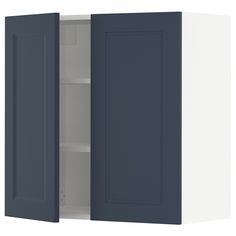 a white and blue cabinet with two doors on each side, one door open to reveal the other