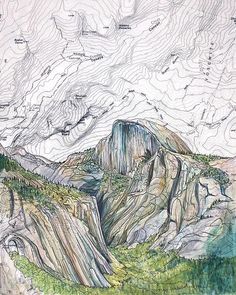 a drawing of a mountain range with mountains in the background