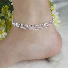 4 Row Anklet 3 rows of chains and 1 row of crystal makes this a very sexy anklet. Lobster claw clasp 2" extension Female Fashion Outfits, Anklets Indian, Hammered Silver Jewelry, Rose Gold Rings, Crystal Anklet, Foot Bracelet, Summer Anklets, Ankle Jewelry, Anklets Boho