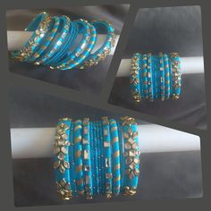 Hey lovely people... Thanks for visiting my shop. Here I have beautiful  bangles wrapped in blue coloured art silk thread. Glass rhinestone/kundan embellishments to give that gorgeous look. You will receive 24 bangles on your purchase.  A must have combo in your wardrobe. Kindly note that the actual colours and sizes of embellishments may vary slightly due to computer screen resolution and I truly hope that you do like my handmade products just as much as I love making them. Please note that the Handmade Bollywood Blue Jewelry, Handmade Bollywood Style Bangle For Celebration, Handmade Bollywood Bangle For Celebration, Blue Bangle For Party And Festivals, Blue Bohemian Bangle For Festive Occasions, Blue Bangle For Festivals And Party, Bollywood Style Handmade Bangle For Celebration, Blue Bangle For Weddings And Festivals, Traditional Blue Bangle For Weddings