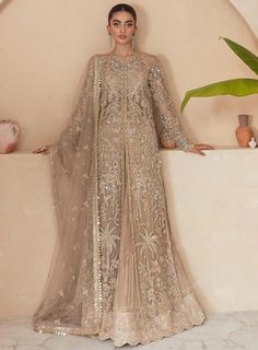 Bridal Wedding Dress In Net Gown And Sharara Style Maxi Frocks, Net Gown, Net Gowns, Wedding Dresses Indian, Gold Skin, Pakistani Wedding Dress, Party Kleidung, Pakistani Bridal Dresses, Pakistani Wedding Dresses