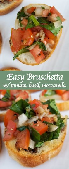 an easy bruschetta with tomato, basil and mozzarella on top