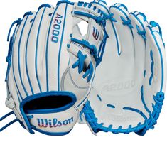 a white and blue baseball glove with the word wilson on it's front side