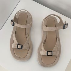 -suede leather Wedge Sandals With Thick Bottom And Round Toe, Thick Bottom Round Toe Sandals, Leather Open Toe Wedge Sandals With Thick Bottom, Trendy Platform Sandals With Round Toe, Trendy Platform Round Toe Sandals, Trendy Sandals With Thick Bottom And Round Toe, Summer Ankle Strap Sandals With Thick Bottom, Trendy Round Toe Platform Sandals, Thick Bottom Ankle Strap Sandals For Summer