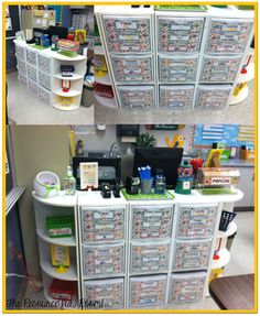 two pictures of the inside of a store with plastic containers and drawers on top of it