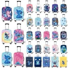 children's suitcases with cartoon characters on them, all in different colors and sizes