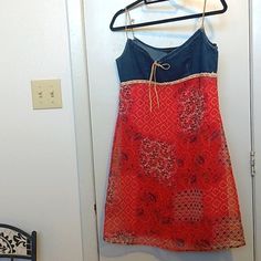 Denim Upper, Spaghetti Straps, Sheer Pattern Over Red Slip Dress Indie Hoco Dress, Costumes With Red Dress, Colorful Fall Fashion, Lana Del Rey Red Dress, New Years Clothes, Slip Dress Outfit Aesthetic, Cutout Dress Pattern, Thrift Flip Dress, Dresses Over Jeans