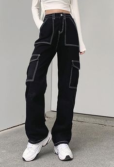 ⚡️Buy High Waist Straight Cargo Jeans Black S under $38.99 in Jeans Online. Style: Casual, Street Fabric Content: Cotton Fit Type: Regular Design: Multi Pockets, Button Zip Closure. ✓2021 CHRISTMAS SALE | $12 OFF OVER $80 CODE: H1 | $20 OFF OVER $120 CODE: H2 | $40 OFF OVER $200 CODE: H3✓Free Shipping on all orders over $69 USD.. Check reviews and order High Waist Straight Cargo Jeans today. Cargo Jeans Black, High Waisted Baggy Jeans, Y2k Trousers, Jeans Online Store, Mode Zara, Baggy Cargo Pants, Cargo Pants Outfit, Bodycon Floral Dress, Black Cargo Pants