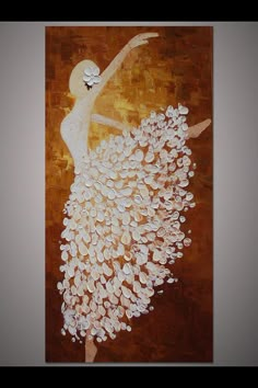 an abstract painting of a woman in white dress with leaves on the bottom and brown background