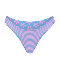 Our new everyday bottoms are designed to sit on or above the hip with a medium coverage back. Featured in our Fleur print, a delicate pastel pink and blue floral print. Reverse this print to switch the style out for a pink and blue stripe. Blue Floral Print Bottoms For Poolside, Blue Bottoms For Spring Swimming, Spring Floral Print Swim Bottoms, Light Blue Floral Print Bottoms For Vacation, Floral Print Spring Swim Bottoms, Pink Printed Bottoms For Swimming, Pink Bottoms For Poolside Spring, Vacation Light Blue Floral Print Bottoms, Feminine Spring Swimwear Bottoms