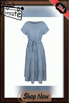 Solid Blue Tie Waist Short Sleeve Dress Casual Blue Belted Maxi Dress, Blue Belted Beach Dress, Blue Belted Dress For Beach, Blue Belted Dress For The Beach, Blue Belted Short Sleeve Maxi Dress, Casual Blue Belted Dress, Tie Waist Shorts, Blue Ties, Short Sleeve Dresses