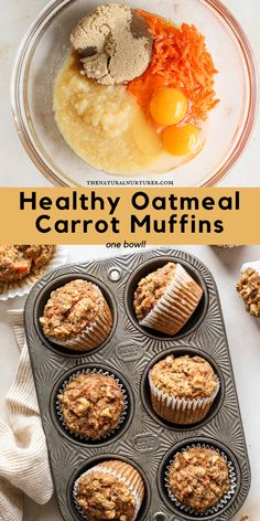 healthy oatmeal carrot muffins in a muffin tin with an egg and other ingredients