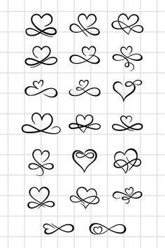 a set of hand drawn hearts with different shapes and sizes, on a white background