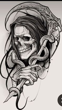 a drawing of a skeleton holding a snake