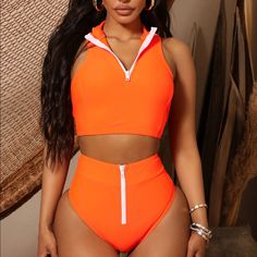 2 Piece Swim Set High Neck Sleeveless Crop Tank Top With Zipper High Rise Bikini Bottom With Zipper Neon Orange Bathing Suit, Gold Swimsuit, Tank Bikinis, Neon Bikinis, Trendy Bikinis, Black Bathing Suits, Cut Out Swimsuits, High Neck Sleeveless, 60 Fashion