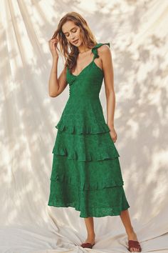 This midi dress is ready to go on vacations or picnics!💚 -Color: Evergreen -Tiered A line skirt with ruffle trims -Ruffled adjustable self-tie shoulder straps -Smocked back panel with hidden zipper closure -Lined -Content: 100% Cotton -Imported -Runs true to size -Model is 5'10" and wearing size Small. Marilyn Dress, Eyelet Fabric, Cotton Labels, Tiered Midi Dress, Tiered Dress, Ready To Go, Modern Fashion, Dress Fabric, Go On