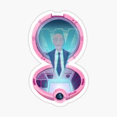 a pink and blue sticker with the image of a man in a suit inside