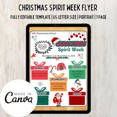 the christmas spirit week flyer is displayed on a tablet screen with an ipad next to it