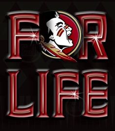 the florida state university football logo on a black background with red and white letters that read for life