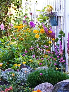 the garden is full of colorful flowers and rocks