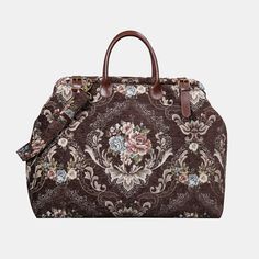 Floral Brown Large Carpetbag  MCW Handmade Brown Tapestry Bag With Top Carry Handle, Brown Tapestry Travel Bag, Brown Floral Print Rectangular Bag, Vintage Brown Bags With Floral Print, Vintage Brown Tapestry Satchel, Green Laptop, Victorian Carpet, Traditional Carpet, Carpet Fabric