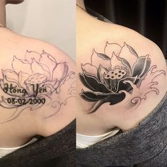 two pictures of the back of a woman's shoulder with tattoos on it and flowers