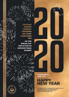 a black and gold new year's eve party flyer with fireworks in the background