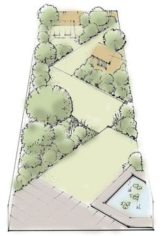 an artist's rendering of a landscape with trees and buildings in the background,