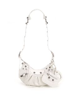 White "Arena" lambskin "Le Cagole XS" shoulder bag from Balenciaga featuring an adjustable shoulder strap, a top zip closure, and an heart frame removable mirror. Balenciaga Shoulder Bag White, Chunky Jewelry, Balenciaga Bag, Heart Frame, Cornice, Bag For Women, Rebecca Minkoff Hobo, Cross Body, Balenciaga