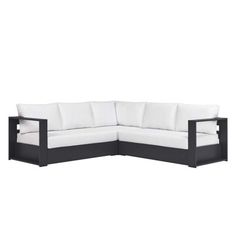 a black and white sectional couch with pillows on the bottom half, in front of a white background