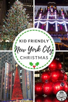 the new york city christmas tree is lit up and surrounded by holiday decorations, including red ornaments