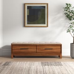 a living room with a plant and a painting on the wall