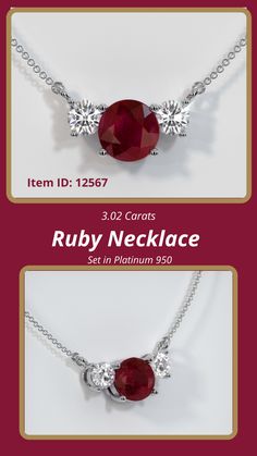 A round-shaped red ruby with a mixed brilliant-cut and vivid color intensity on a necklace set in platinum 950. #rubyjewelrynecklaces #jewelrynecklace #lovenecklace #colorfulnecklace #anecklace Elegant Ruby Necklace With Round Stone, Red Ruby Necklace With Diamond Accents, Luxury White Gold Ruby Necklace, Luxury Brilliant Cut Ruby Necklace, Luxury Ruby Necklace With Polished Finish, Ruby Jewelry Necklaces, Ruby Necklace Pendant, Ruby Necklace, Colourful Necklace