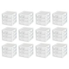 twelve plastic storage boxes with dividers on each side and four drawers in the middle