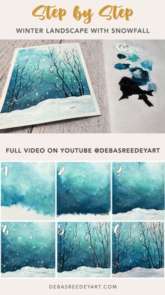 Snowy House Drawing, Winter Paint Night Ideas Easy, Xmas Acrylic Paintings, Winter Forest Painting Easy, How To Paint A Winter Scene, Christmas Art Acrylic, Christmas Art Tutorials, Easy Acrylic Winter Paintings, Snow Painting Easy