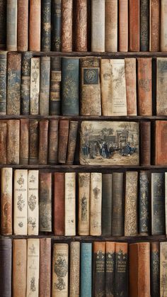 many old books are stacked on top of each other in this wall - to - ceiling display