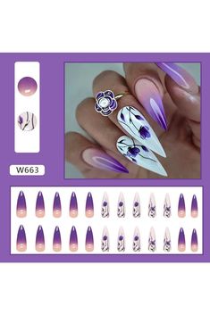 Stiletto Press on Nails Long Fake Nails,Gradient Purple Glossy Glue on Nails Full Cover Acrylic Nails with Flower Designs False Nails Stick on Nails for Women DIY Manicure Orchid Nails, Nails Gradient, Flower Nail Designs, Purple Orchids, Gradient Nails, Manicures Designs, Womens Nails, Women Diy