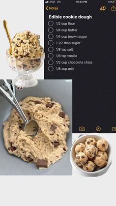 an image of cookie dough in a bowl with spoons and recipe card next to it