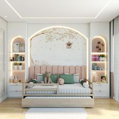 a dog sitting on top of a bed in a room with bookshelves and shelves