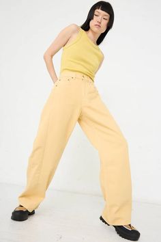 B Sides - Relaxed Lasso Long Jean in Yellow Overdye | Oroboro • Luxury Boutique • New York, NY High Rise Yellow Cotton Jeans, Yellow Straight Leg Jeans With Five Pockets, Yellow Straight Leg Jeans, Yellow Wide Leg Cotton Jeans, Washed Cotton Jeans, Solid Washed Cotton Jeans, Yellow Wide Leg Jeans For Fall, Relaxed Fit Yellow Cotton Jeans, Yellow Relaxed Fit Cotton Jeans