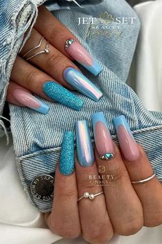 French Acrylic Nail Designs, Blue Chrome Nail, Chrome Nail Design, Chrome Nail Designs, Ballerina Acrylic Nails, Chrome Manicure, Blue Chrome Nails, Concert Nails, Pink Tip Nails